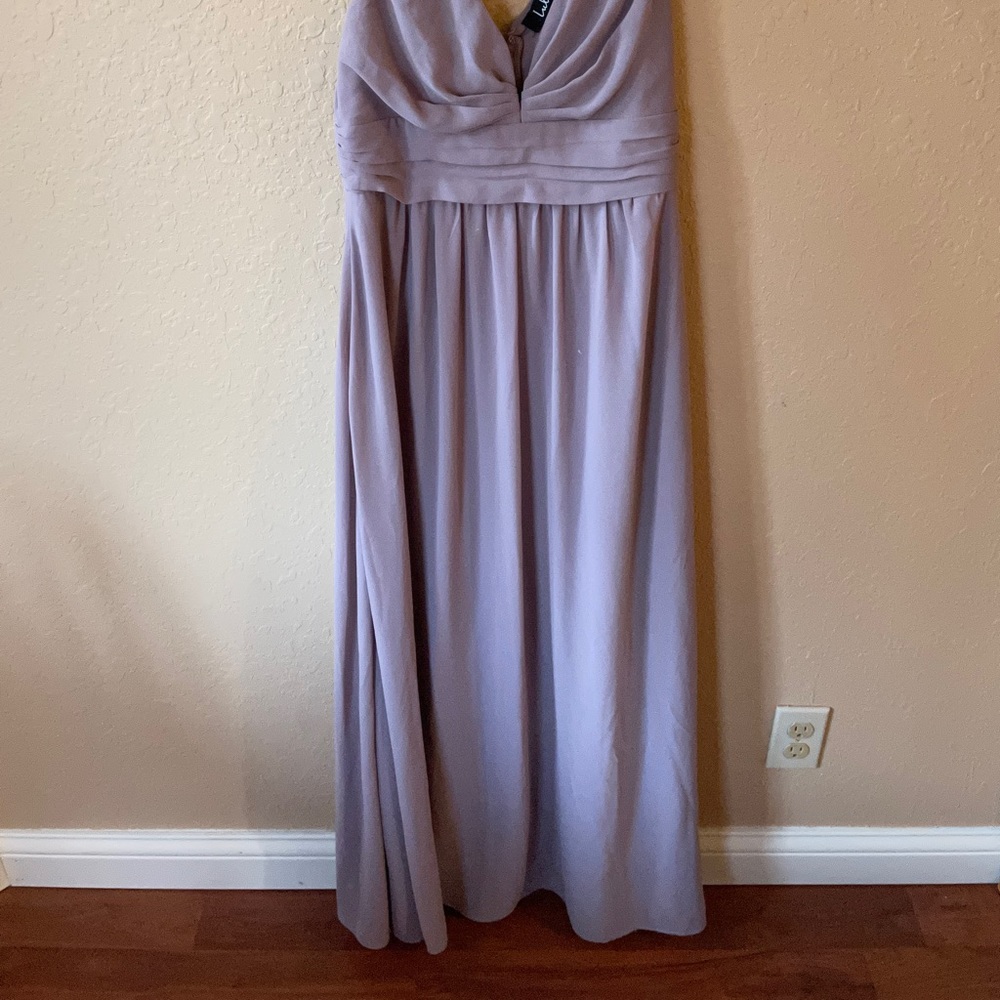 Mauve purple pastel floor length Lulu’s bridesmaids dress
